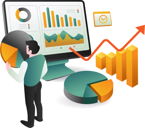 Empresario sosteniendo un gráfico circular mientras realiza un análisis empresarial  Ilustración