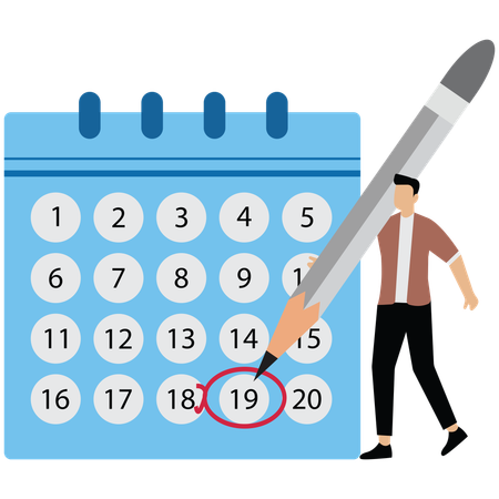 El hombre de negocios sostiene un lápiz y piensa en el plan de programación del calendario  Ilustración