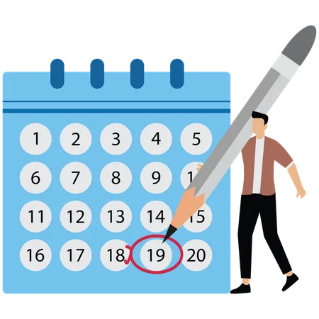 El hombre de negocios sostiene un lápiz y piensa en el plan de programación del calendario  Ilustración