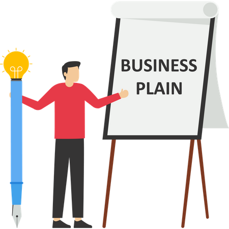 Empresario sosteniendo un lápiz va a escribir un plan de negocios en la pizarra  Ilustración