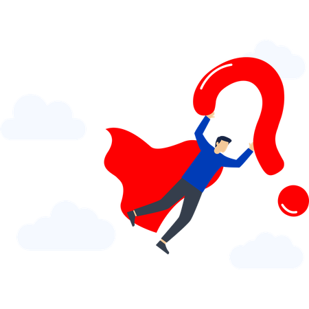 Hombre de negocios sosteniendo un signo de interrogación volando en el cielo  Ilustración