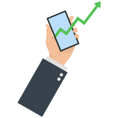 Empresario sosteniendo un teléfono móvil con un gráfico de mercado de aumento  Ilustración