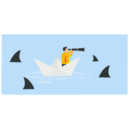 Empresario sosteniendo un telescopio en un barco de papel con un tiburón en el mar  Ilustración
