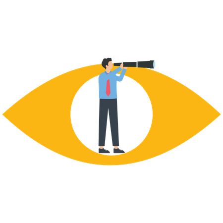 Empresario sosteniendo un telescopio parado dentro de los ojos mirando a lo lejos  Ilustración
