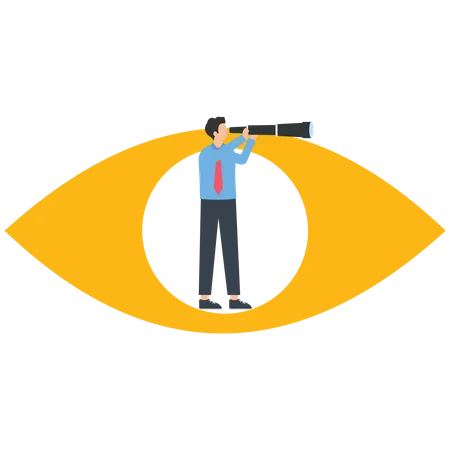 Empresario sosteniendo un telescopio parado dentro de los ojos mirando a lo lejos  Ilustración