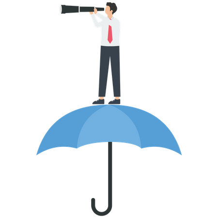 Empresario sosteniendo un telescopio de pie sobre un paraguas  Ilustración