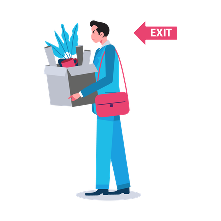 Hombre de negocios sosteniendo una caja mientras se despide del trabajo  Ilustración