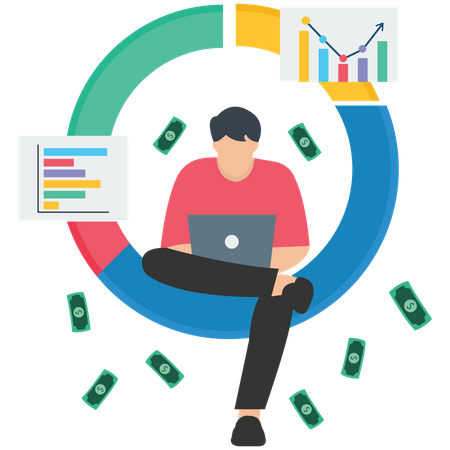 Empresario sosteniendo una computadora portátil analizando gráficos y tablas  Ilustración