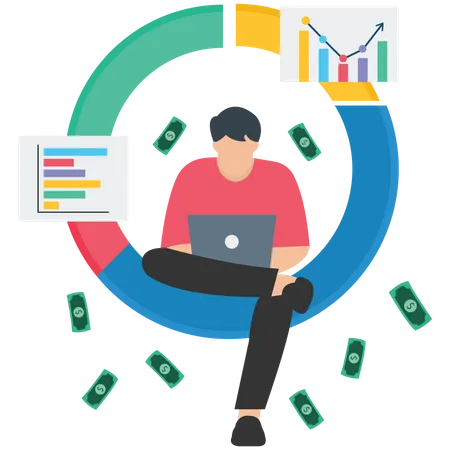 Empresario sosteniendo una computadora portátil analizando gráficos y tablas  Ilustración