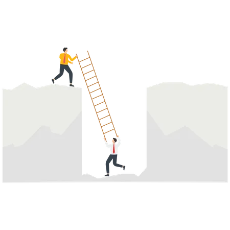 Empresario sosteniendo una escalera para rescatar a un compañero que cae al fondo de un acantilado  Ilustración