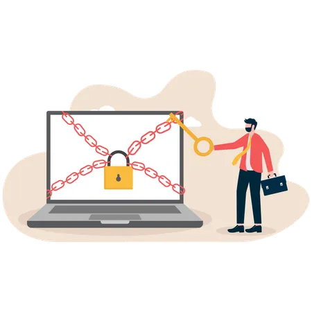 Hombre de negocios sosteniendo la llave mientras desbloquea la cadena y la cerradura en la computadora portátil  Ilustración