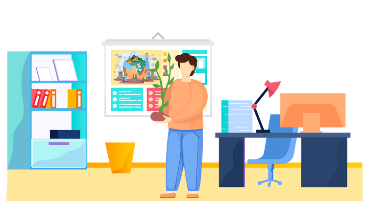 Hombre de negocios sosteniendo una planta en la oficina  Ilustración