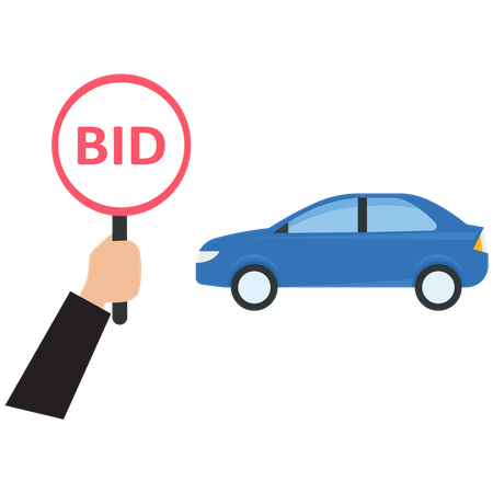 Empresario sostiene un cartel de oferta para subastar un automóvil  Ilustración