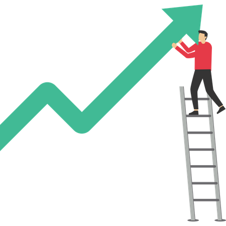 El hombre de negocios sube las escaleras empujando el gráfico más alto  Ilustración