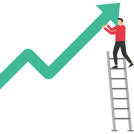 El hombre de negocios sube las escaleras empujando el gráfico más alto  Ilustración