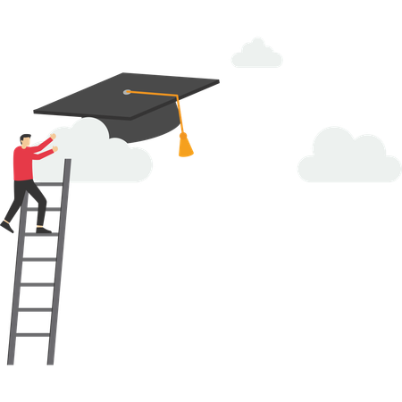 El hombre de negocios sube y agarra una gorra de graduación alta en la nube  Ilustración