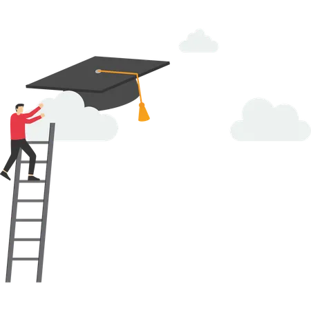 El hombre de negocios sube y agarra una gorra de graduación alta en la nube  Ilustración