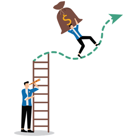 Empresario bajando la escalera contra el gráfico de tendencia bajista mientras otro inversor lleva una bolsa de dinero en el gráfico de tendencia alcista  Ilustración