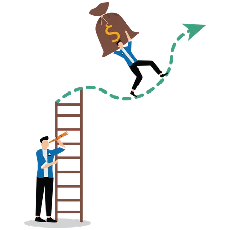 Empresario bajando la escalera contra el gráfico de tendencia bajista mientras otro inversor lleva una bolsa de dinero en el gráfico de tendencia alcista  Ilustración