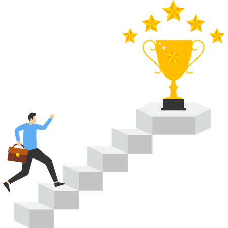 Empresario subiendo la escalera hasta la cima por el premio del valioso trofeo  Ilustración
