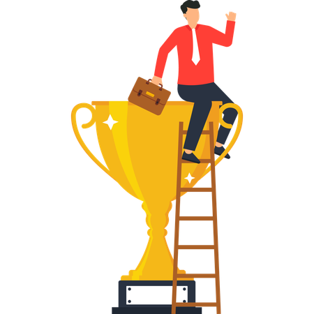 Empresário subindo escada para alcançar troféu de sucesso  Ilustração