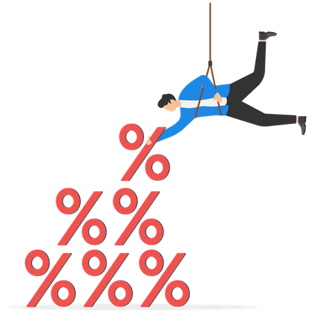 Empresário subindo até o topo da pilha de porcentagem sinaliza metáfora de aumento percentual  Ilustração