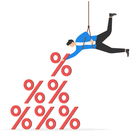 Empresário subindo até o topo da pilha de porcentagem sinaliza metáfora de aumento percentual  Ilustração