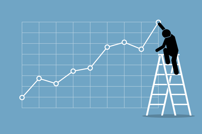 Empresário subindo em uma escada para ajustar um gráfico de tendência de alta em uma parede  Ilustração