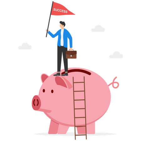 Empresário subindo em cima do cofrinho rosa  Ilustração