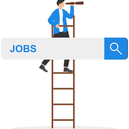 Empresário sobe a escada da barra de busca de emprego com binóculos para ver oportunidades  Ilustração