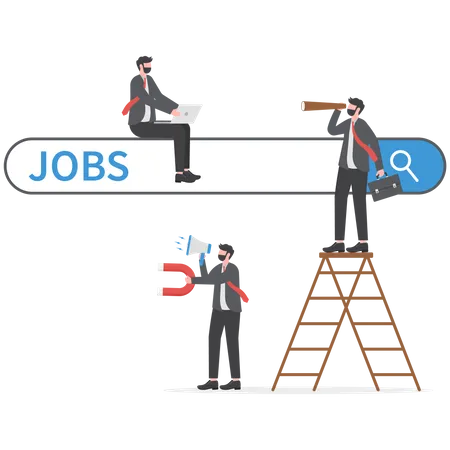 Empresário sobe a escada da barra de busca de emprego com binóculos Hold para ver oportunidades de emprego  Ilustração