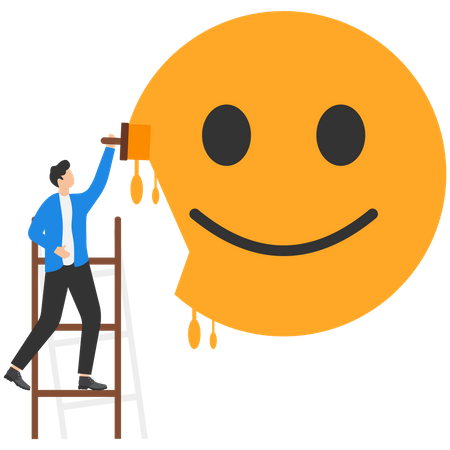 Empresário sobe escada para pintar emoticon positivo  Ilustração