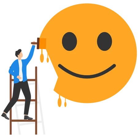 Empresário sobe escada para pintar emoticon positivo  Ilustração