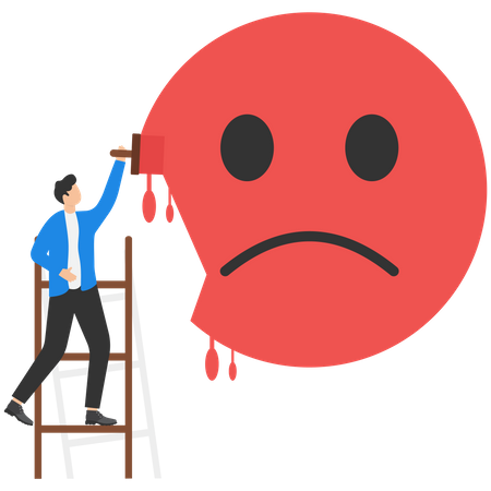 Empresário sobe a escada para pintar um emoticon triste  Ilustração