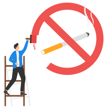 Empresário sobe escada para pintar símbolo de proibição de fumar  Ilustração