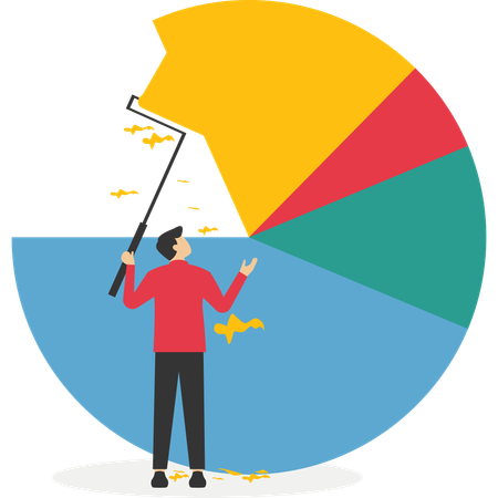 El hombre de negocios sube la escalera para pintar el gráfico circular  Ilustración