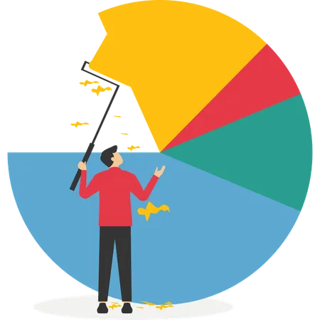 El hombre de negocios sube la escalera para pintar el gráfico circular  Ilustración