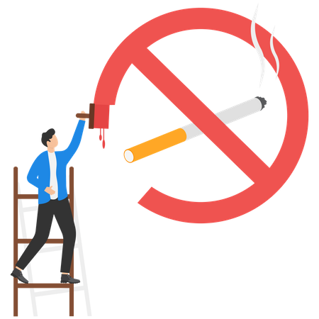 El empresario sube la escalera para pintar el símbolo de prohibición de fumar  Ilustración