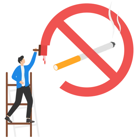 No Fumar El Hombre De Negocios Sube La Escalera Para Pintar El Simbolo De Prohibicion De Fumar El Hombre Lucha Por Dejar De Fumar Pancarta De No Fumar Ilustracion Vectorial Ilustración