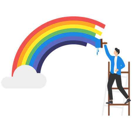 Un hombre de negocios sube una escalera para pintar un cuadro de un arco iris en la pared  Ilustración