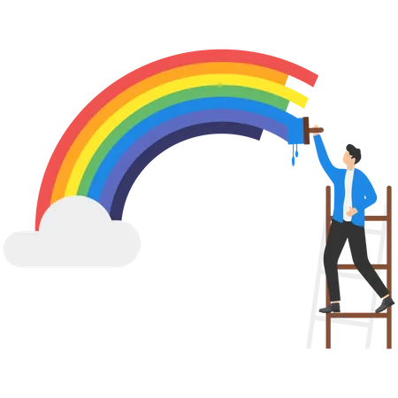 Un hombre de negocios sube una escalera para pintar un cuadro de un arco iris en la pared  Ilustración