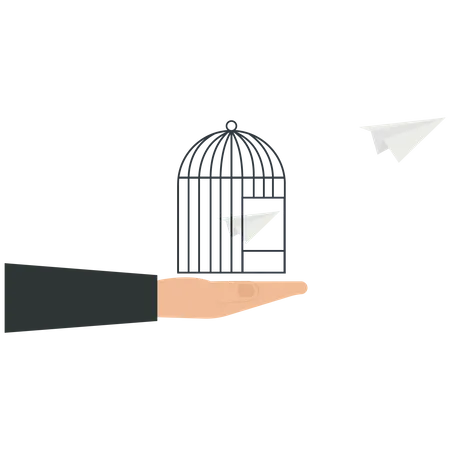 El empresario libera un avión de papel de una jaula  Ilustración