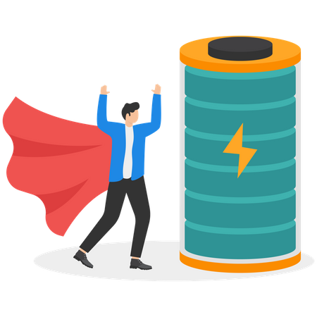 Super-herói empresário carrega bateria de recarga completa  Ilustração
