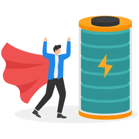 Super-herói empresário carrega bateria de recarga completa  Ilustração