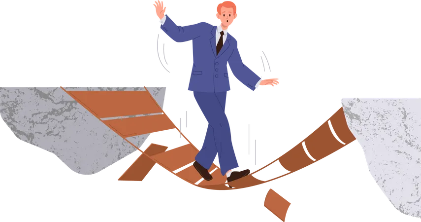 Empresario superando el desfiladero caminando sobre un puente de madera roto entre acantilados de roca  Ilustración
