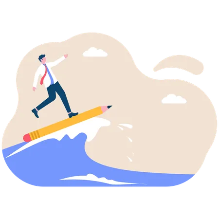 Hombre de negocios surfeando en el mar con un lápiz  Ilustración