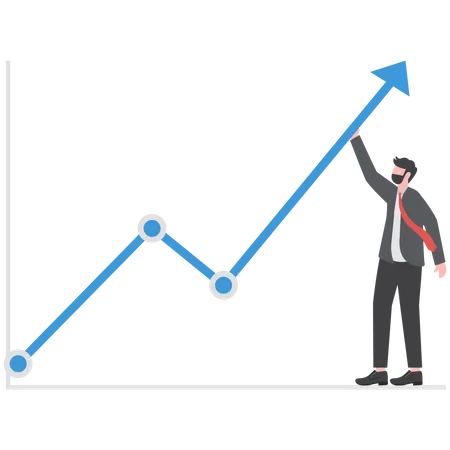 Empresário tentando dobrar uma seta estatística vermelha para cima em um azul  Ilustração