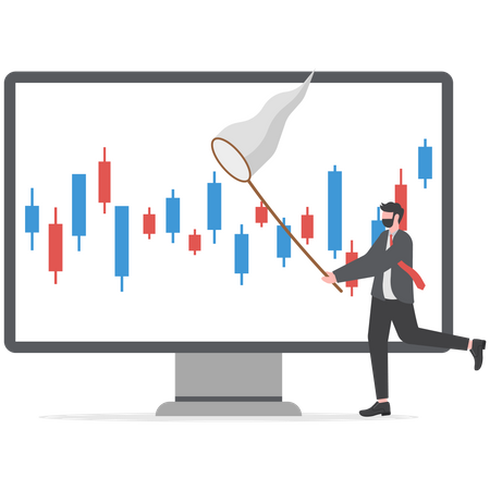 Empresário tentando pegar negócios de gráfico de velas  Ilustração