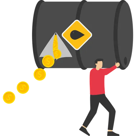 Empresário tenta segurar um barril de petróleo que perdeu moedas  Ilustração