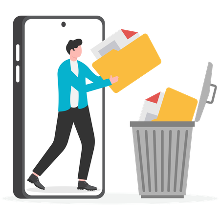 Hombre de negocios tirando carpeta a la basura  Ilustración